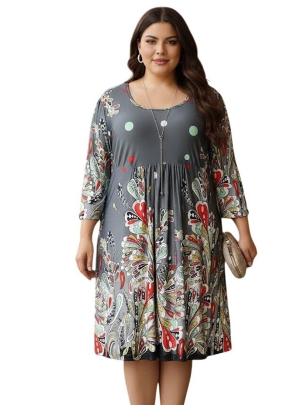 R & B Collection Swing Midi Dress Plus 3X Floral Paisley Gray 3/4 Sleeve Flowy